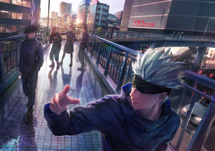 HD anime desktop wallpaper featuring Megumi Fushiguro and Satoru Gojo from Jujutsu Kaisen in a vibrant cityscape during sunset.