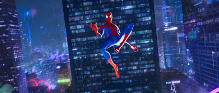 Spider-Man in red-and-blue suit leaps through a neon-lit city skyline — Spider-Man: Into the Spider-Verse 2K Quad HD PC wallpaper/background.