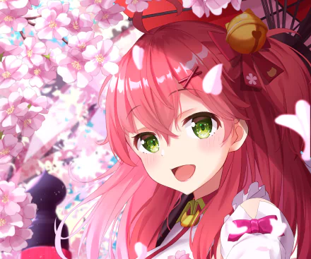 HD PC desktop wallpaper featuring Sakura Miko, the vibrant virtual YouTuber from hololive, surrounded by blooming cherry blossoms in an anime-style illustration.
