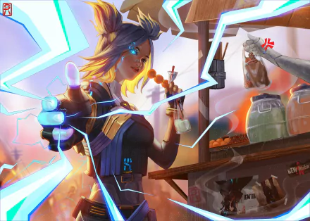 Neon (Valorant) crackles blue lightning while eating street skewers at a neon-lit market — 2K Quad HD PC desktop wallpaper from the video game Valorant.