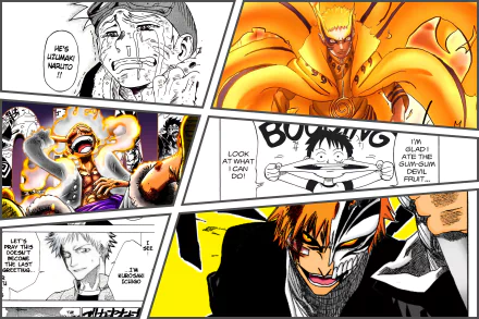 4K Ultra HD PC wallpaper featuring intense panels of Ichigo Kurosaki, Monkey D. Luffy, and Naruto Uzumaki in dynamic anime action scenes.