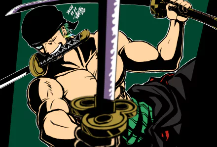 HD PC desktop wallpaper featuring Roronoa Zoro from One Piece, showcasing his muscular form and swords in dynamic anime style.