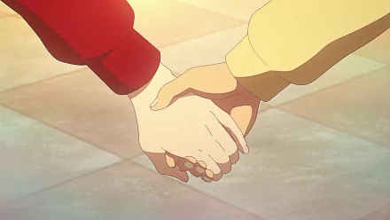 HD anime wallpaper from Rent-A-Girlfriend featuring a close-up of two characters holding hands against a softly lit background.
