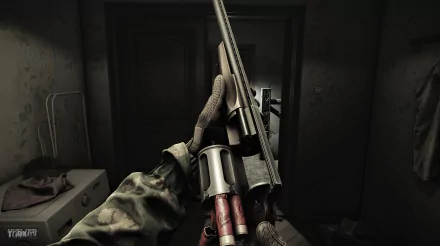 HD Escape From Tarkov Wallpaper featuring a first-person view of a player holding a shotgun in a dimly lit room, creating an immersive background for gaming enthusiasts.