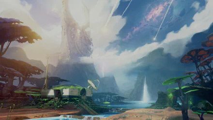 HD desktop wallpaper of The Cycle: Frontier game featuring a mystical alien landscape with towering structures and a vibrant sky.