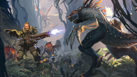 HD wallpaper of The Cycle: Frontier featuring a soldier facing an alien creature in a forest.