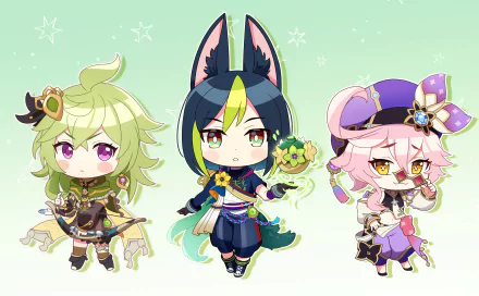 Chibi Tighnari, Dori, and Collei from the video game Genshin Impact on a mint-green 2K Quad HD PC desktop wallpaper background.