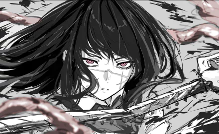 Anime-style 4K Ultra HD wallpaper of Asa Mitaka from Chainsaw Man as the War Devil, featuring intense eyes and dynamic black-and-white brushstroke art.