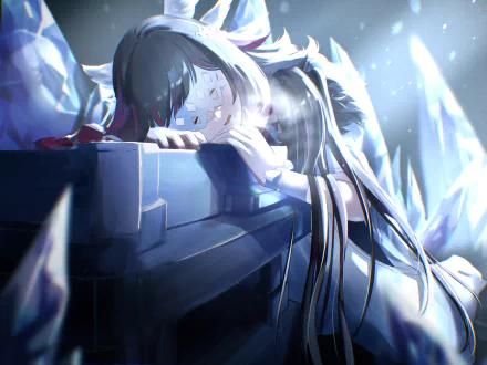 Columbina (Genshin Impact) reclines on icy stone amid glowing crystals and blue light — 2K Quad HD PC desktop wallpaper background, video game art.