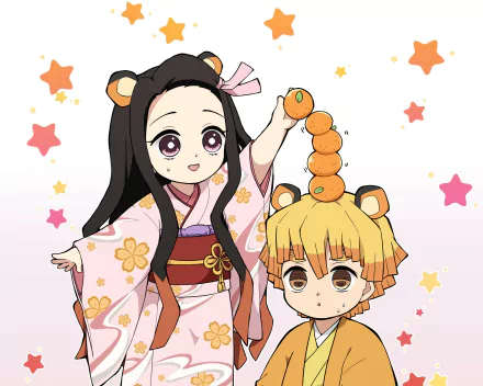 HD anime desktop wallpaper featuring Zenitsu Agatsuma and Nezuko Kamado from Demon Slayer: Kimetsu no Yaiba in cute bear-themed outfits with a starry background.