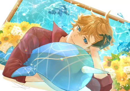 HD PC desktop wallpaper featuring Tartaglia Childe from the video game Genshin Impact, lying by a pool with bright sunflowers and vibrant blue water.