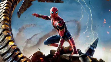 Spider-Man in his suit from Spider-Man: No Way Home, crouching amid battle debris with lightning in the stormy sky, captured in 4K Ultra HD for PC desktop.