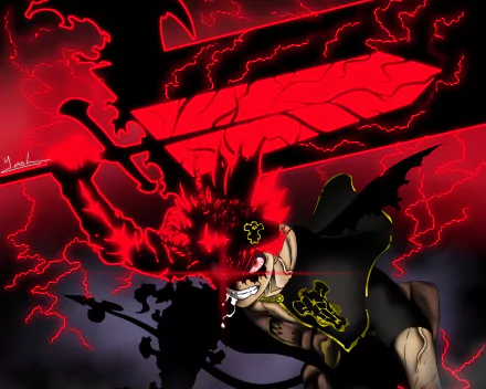 HD anime desktop wallpaper featuring Asta from Black Clover, depicted with intense red lightning and dark, powerful energy surrounding his sword.