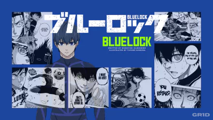 4K Ultra HD PC wallpaper featuring Isagi Yoichi from the anime Blue Lock, showcasing dynamic manga panels and vibrant blue tones.