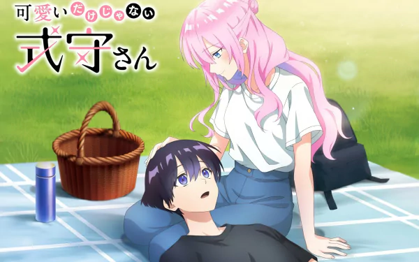 Anime desktop wallpaper of Micchon Shikimori and Yuu Izumi from Shikimori's Not Just a Cutie: pink-haired Shikimori leaning over Yuu on a picnic blanket in sunny grass.