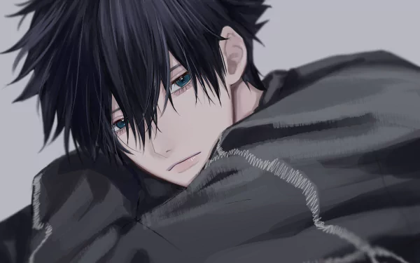 HD PC desktop wallpaper featuring Megumi Fushiguro from the anime Jujutsu Kaisen, with a close-up of his contemplative expression and dark attire.