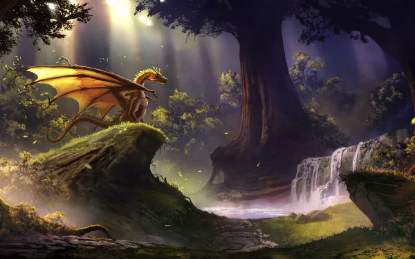 A majestic dragon perches on a rock in an enchanting forest, illuminated by rays of sunlight filtering through the trees, with a serene waterfall in the background. HD fantasy-themed desktop wallpaper.