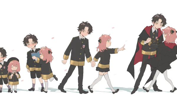 Spy x Family 4K Ultra HD PC desktop wallpaper: Anya Forger and Damian Desmond in a playful walking sequence against a clean white background.