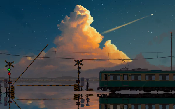 4K Ultra HD PC desktop wallpaper background: Anime train reflection — a green train passes flooded tracks at sunset beneath a towering cloud and streaking light.