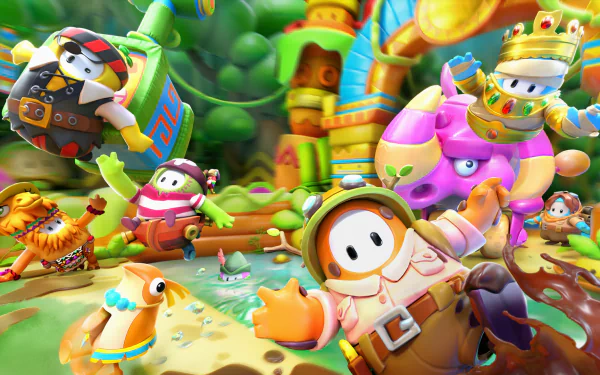 Colorful HD PC desktop wallpaper featuring characters from the video game Fall Guys in a vibrant, playful jungle setting.