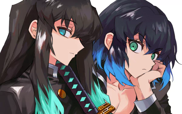 4K Ultra HD anime wallpaper featuring Inosuke Hashibira and Muichiro Tokito from Demon Slayer: Kimetsu no Yaiba with vibrant colors and detailed character art.