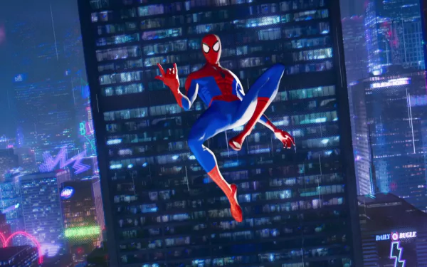Spider-Man in red-and-blue suit leaps through a neon-lit city skyline — Spider-Man: Into the Spider-Verse 2K Quad HD PC wallpaper/background.