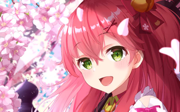 HD PC desktop wallpaper featuring Sakura Miko, the vibrant virtual YouTuber from hololive, surrounded by blooming cherry blossoms in an anime-style illustration.