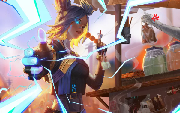 Neon (Valorant) crackles blue lightning while eating street skewers at a neon-lit market — 2K Quad HD PC desktop wallpaper from the video game Valorant.