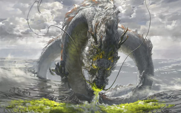 2K Quad HD PC desktop wallpaper: fantasy Chinese dragon — colossal serpentine dragon rising from a misty sea, gray scales and glowing yellow-green eyes and breath under stormy clouds.