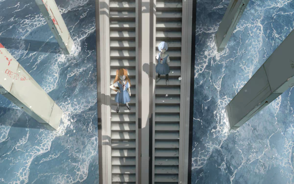 HD PC desktop wallpaper featuring Asuka Langley Sohryu and Rei Ayanami from Neon Genesis Evangelion in a scene from Evangelion: 3.0+1.0 Thrice Upon a Time.