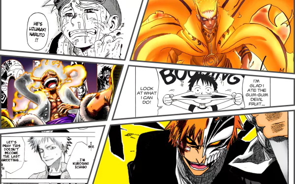 4K Ultra HD PC wallpaper featuring intense panels of Ichigo Kurosaki, Monkey D. Luffy, and Naruto Uzumaki in dynamic anime action scenes.