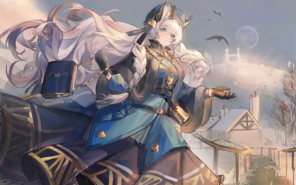 4K Ultra HD PC wallpaper featuring Pramanix from the video game Arknights, showcasing her detailed outfit and serene village backdrop under a soft moonlit sky.