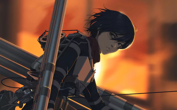 Mikasa Ackerman from Attack on Titan is depicted in a dynamic pose with detailed gear against a fiery background in this 4K Ultra HD anime desktop wallpaper.