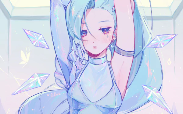 4K Ultra HD PC wallpaper featuring Seraphine from League of Legends' K/DA, showcasing her with icy blue hair and glowing crystal elements.