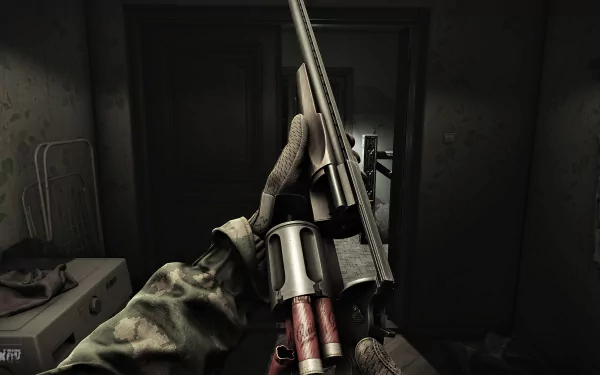 HD Escape From Tarkov Wallpaper featuring a first-person view of a player holding a shotgun in a dimly lit room, creating an immersive background for gaming enthusiasts.
