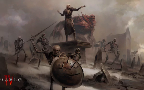 A dramatic HD wallpaper featuring a skeleton army and a commanding figure amidst a foggy battlefield, inspired by Diablo IV's dark fantasy themes.