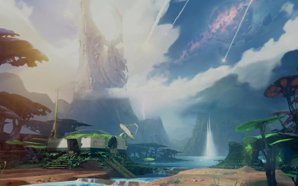 HD desktop wallpaper of The Cycle: Frontier game featuring a mystical alien landscape with towering structures and a vibrant sky.
