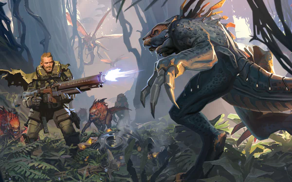 HD wallpaper of The Cycle: Frontier featuring a soldier facing an alien creature in a forest.