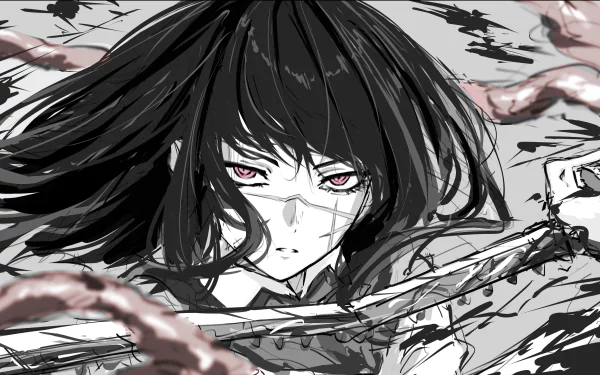 Anime-style 4K Ultra HD wallpaper of Asa Mitaka from Chainsaw Man as the War Devil, featuring intense eyes and dynamic black-and-white brushstroke art.