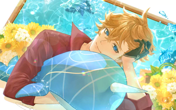 HD PC desktop wallpaper featuring Tartaglia Childe from the video game Genshin Impact, lying by a pool with bright sunflowers and vibrant blue water.