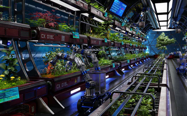 A futuristic greenhouse filled with vibrant plants and advanced robotics, showcasing a sci-fi aesthetic in a visually stunning HD wallpaper.