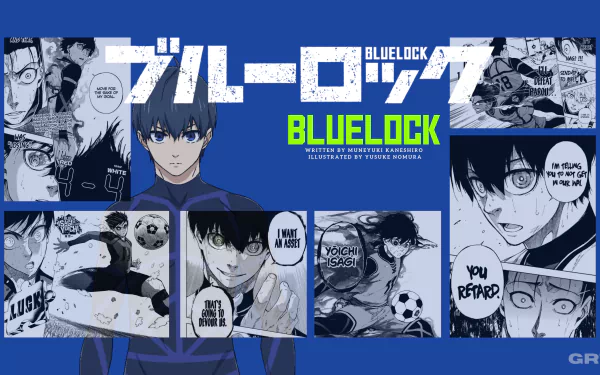 4K Ultra HD PC wallpaper featuring Isagi Yoichi from the anime Blue Lock, showcasing dynamic manga panels and vibrant blue tones.