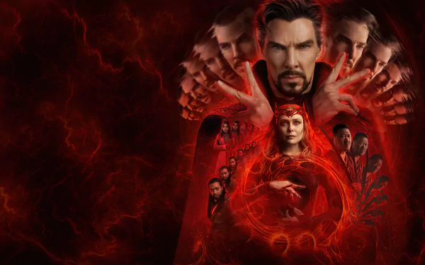 Doctor Strange in the Multiverse of Madness 5K Ultra HD PC desktop wallpaper: Doctor Strange's multiple faces and Scarlet Witch amid red, swirling mystical sigils and shadowed figures.