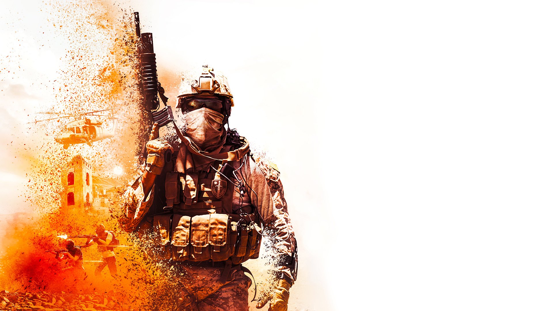 An intense HD wallpaper from the video game Insurgency: Sandstorm, featuring a soldier wielding a rifle amidst an explosive, colorful background.