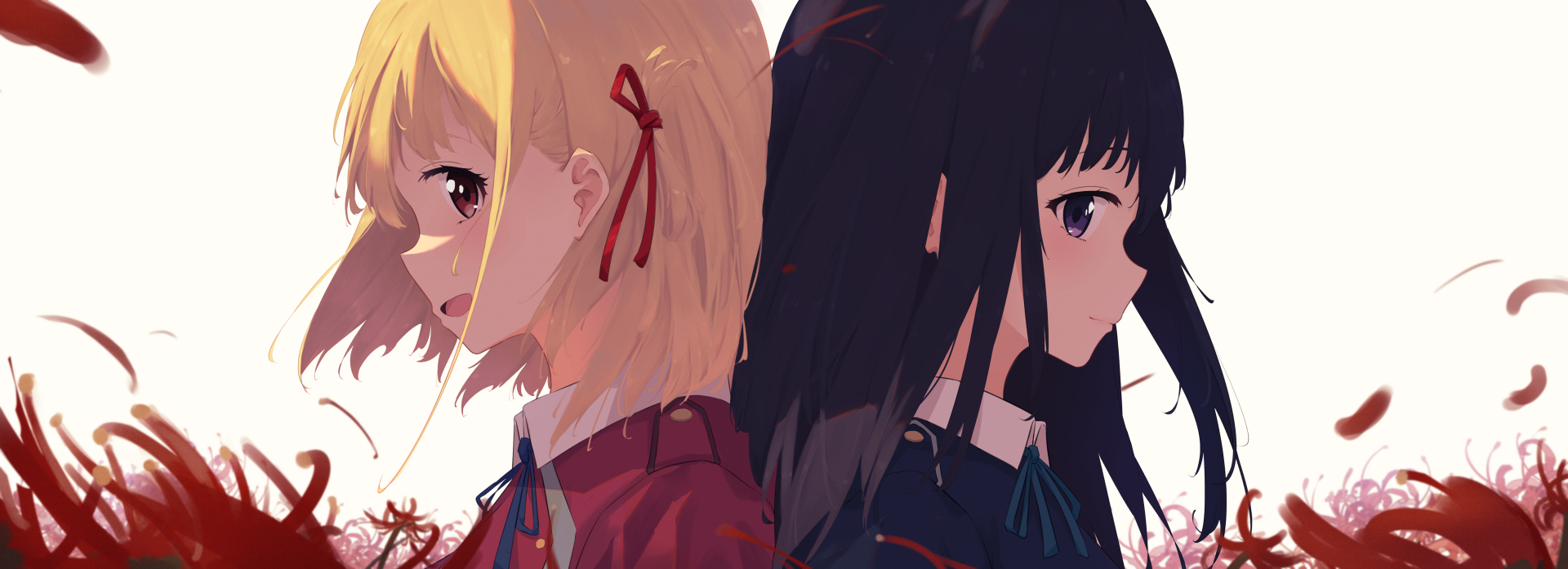 Anime characters Takina Inoue and Chisato Nishikigi from Lycoris Recoil featured in a vibrant 4K Ultra HD PC desktop wallpaper and background.