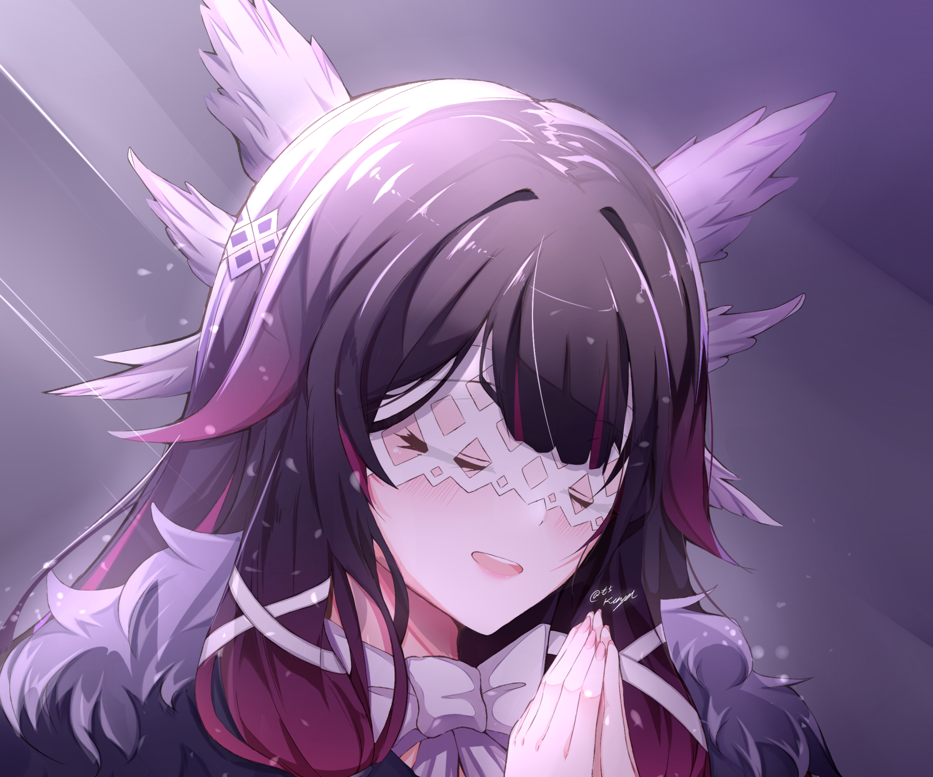 HD PC desktop wallpaper of Columbina (Genshin Impact), video game Genshin Impact — serene close-up of her masked face and clasped hands bathed in soft purple light.