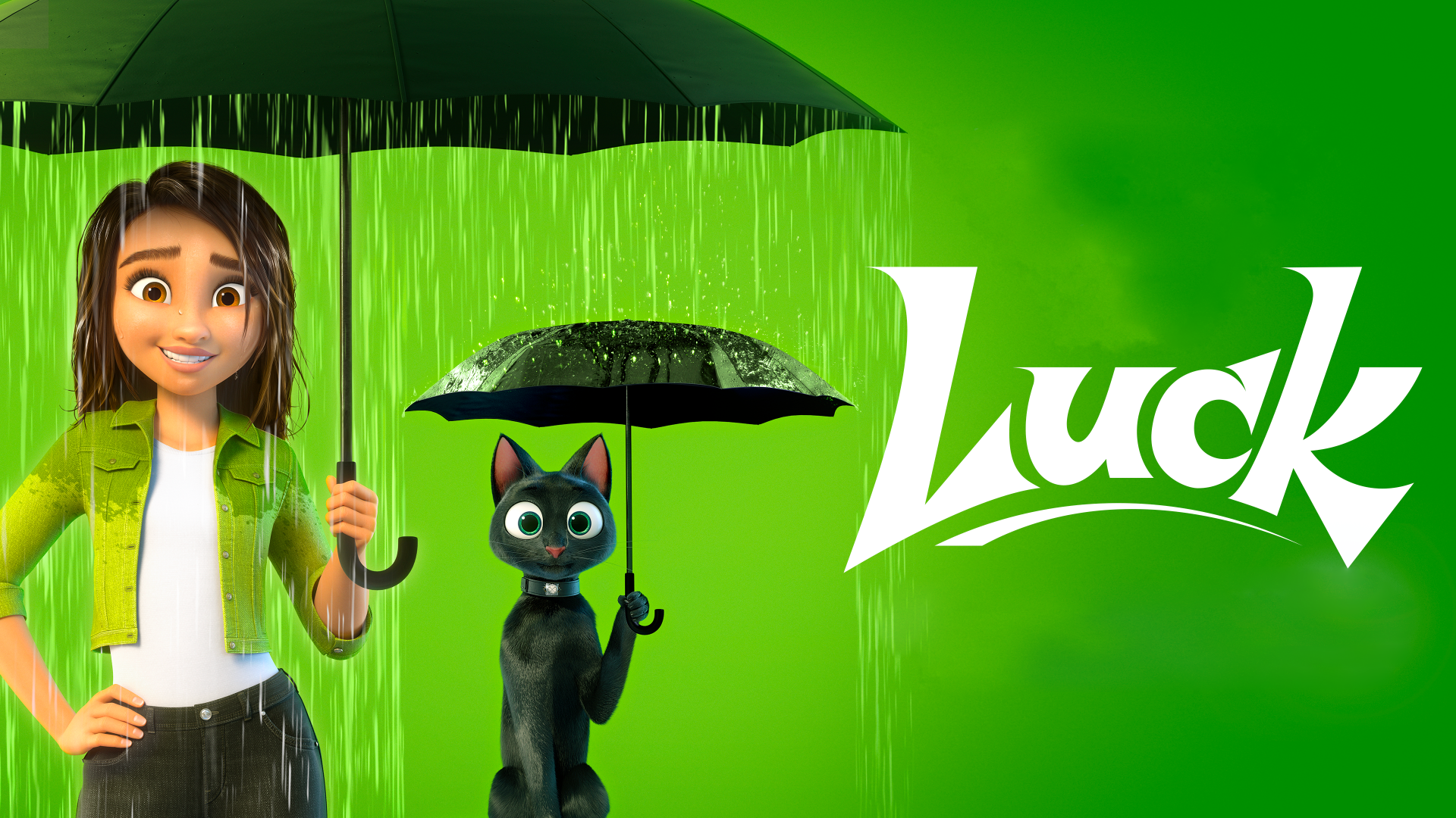 4K Ultra HD movie wallpaper featuring a girl and a black cat sharing umbrellas in the rain, with the title Luck on a vibrant green background.