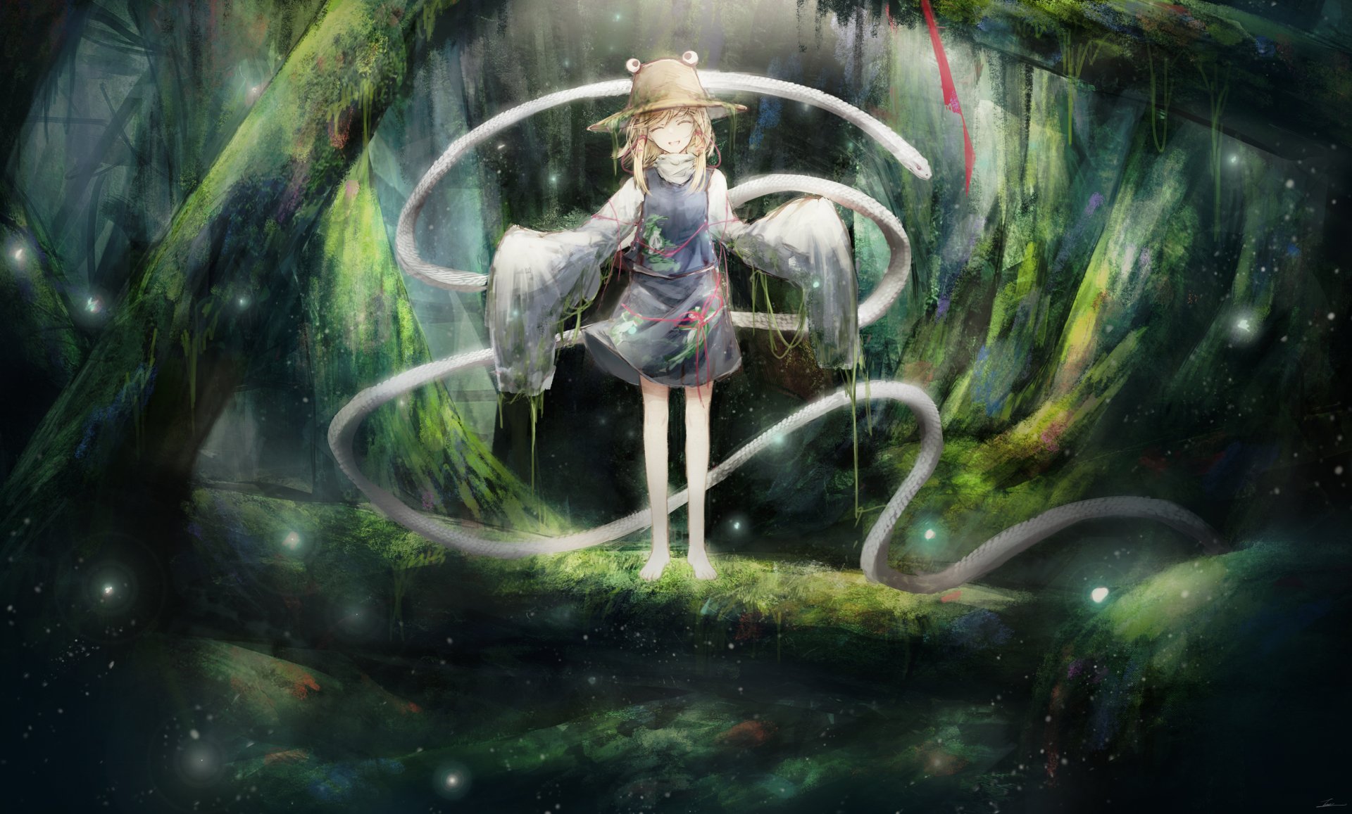 4K Ultra HD PC desktop wallpaper of Suwako Moriya (Touhou): anime girl in frog hat and flowing sleeves, suspended among glowing forest moss, ribbons and mist.