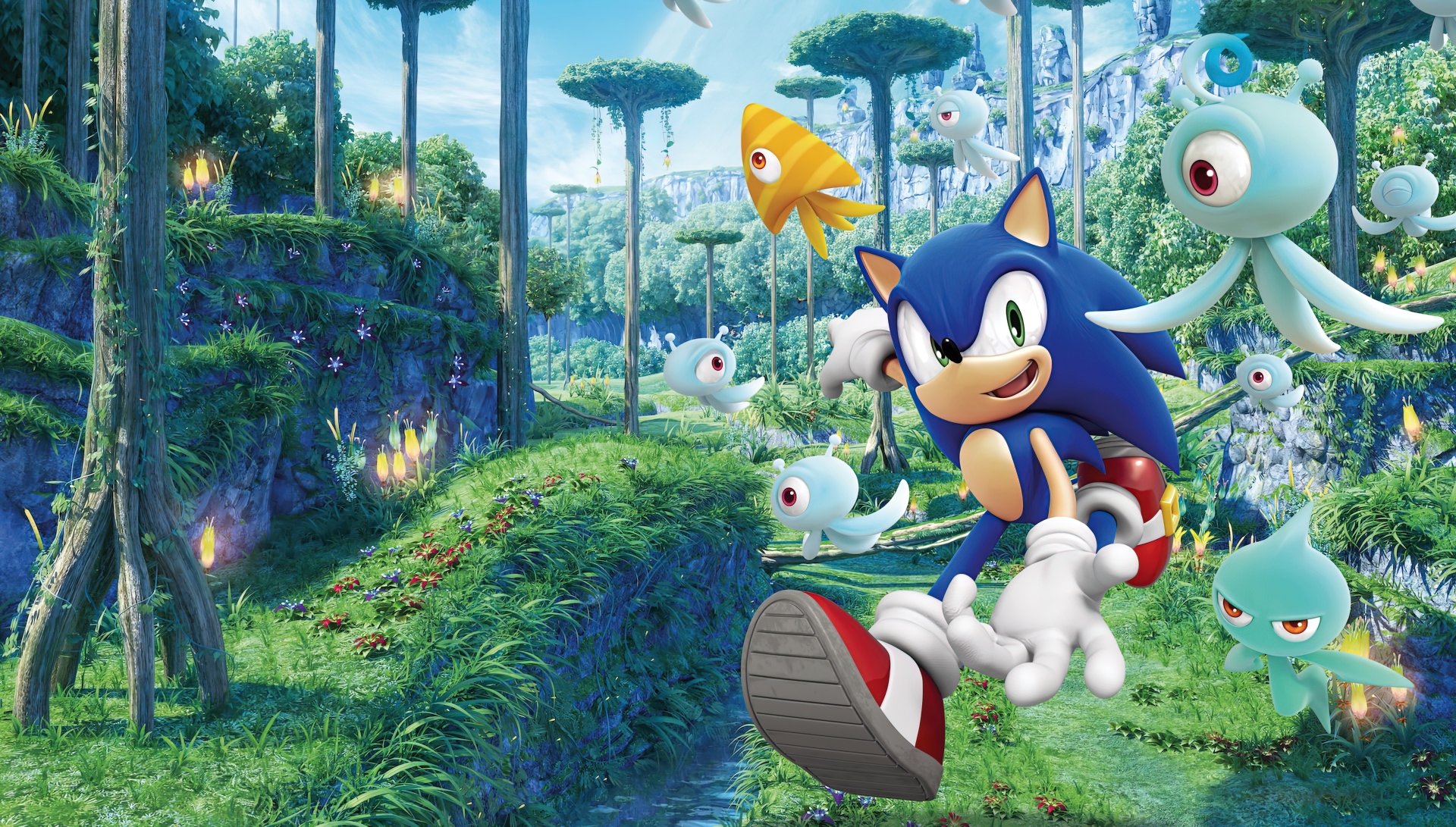 4K Ultra HD PC desktop wallpaper featuring Sonic the Hedgehog running through a lush, vibrant forest with colorful creatures in a video game setting.