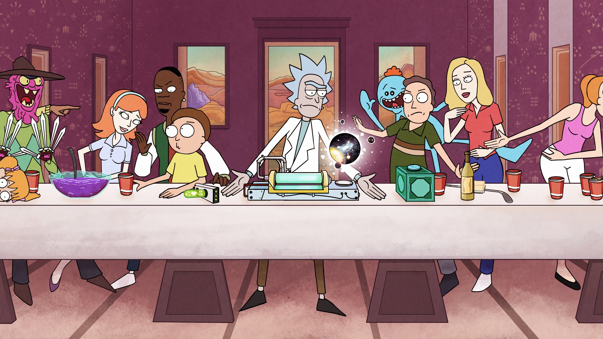 Rick and Morty characters gathered around a table in a detailed 4K Ultra HD desktop wallpaper from the TV show.